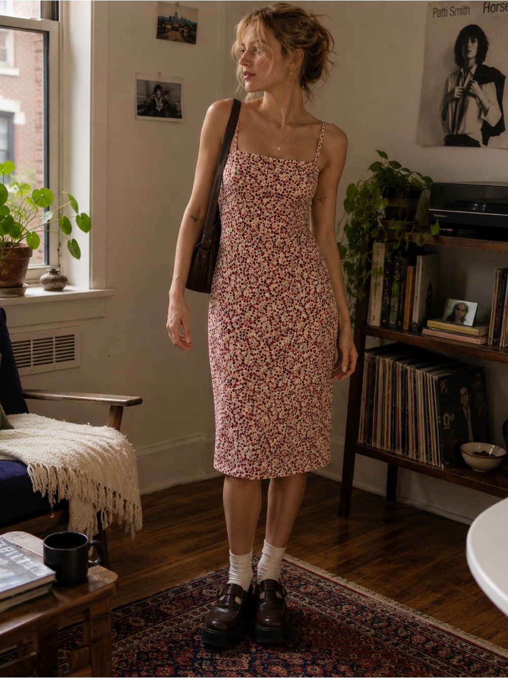 90s Vintage Floral Slip Dress Midi Minimalist /Boho / Grunge / Fits Modern Small